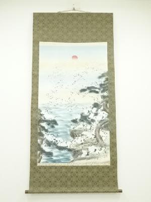 道信筆　群鶴図　肉筆絹本掛軸